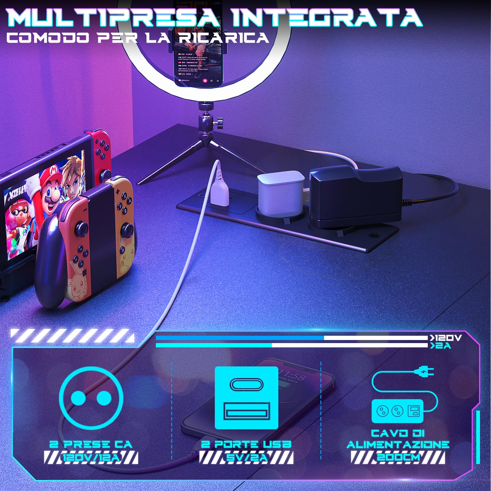 iSunirm Scrivania Gaming con Supporto per Monitor e Ripiano di Stoccaggio,Scrivania Computer con 2 Prese e 2 Porte USB,Scrivanie Moderne per Ufficio e Studio,100x50x75cm,Nero