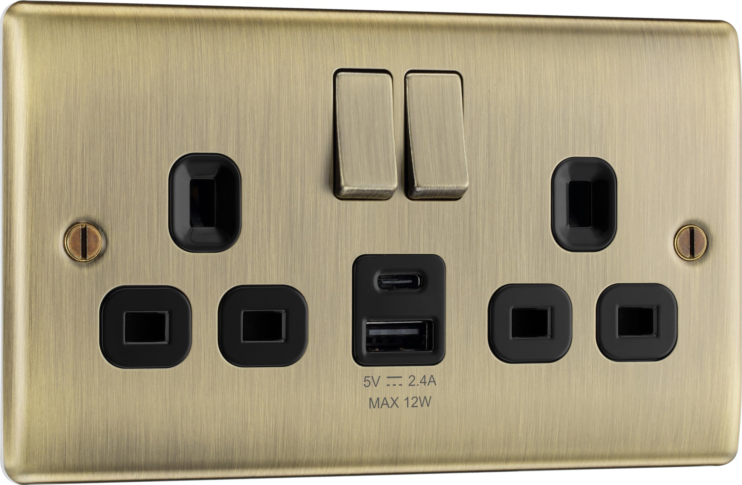Bg Antique Brass Double 13A 12W Raised Slim Switched Screwed Socket With UsbX2 & Black Inserts from B&Q