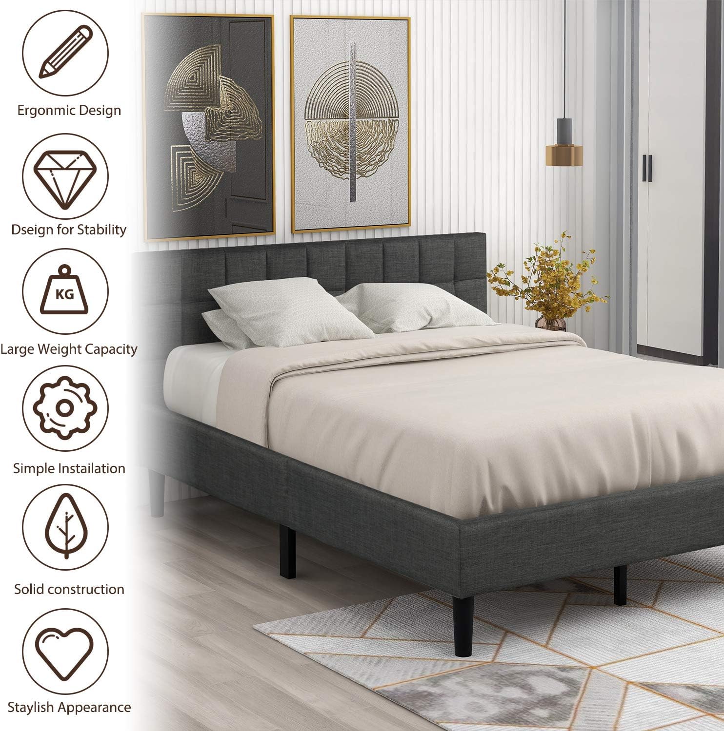 Harper & Bright Designs Queen Bed Frame, Upholstered Platform Bed with Headboard, Wood Slat Support, No Spring Needed, Grey