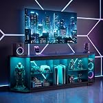 YOSHOOT Modern TV Stand with LED Lights & Power Outlets for 75 inch TVs, Gaming Entertainment Center for PS5 Xbox, Media Consoles for Bedroom, Living Room, Gray Oak