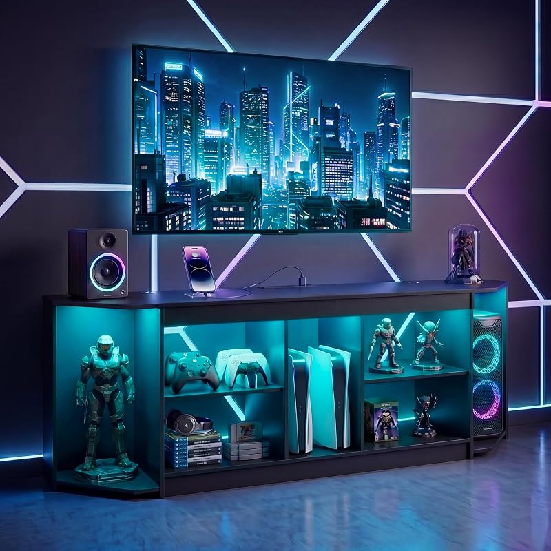 YOSHOOT Modern TV Stand with LED Lights & Power Outlets for 75 inch TVs, Gaming Entertainment Center for PS5 Xbox, Media Consoles for Bedroom, Living Room, Black
