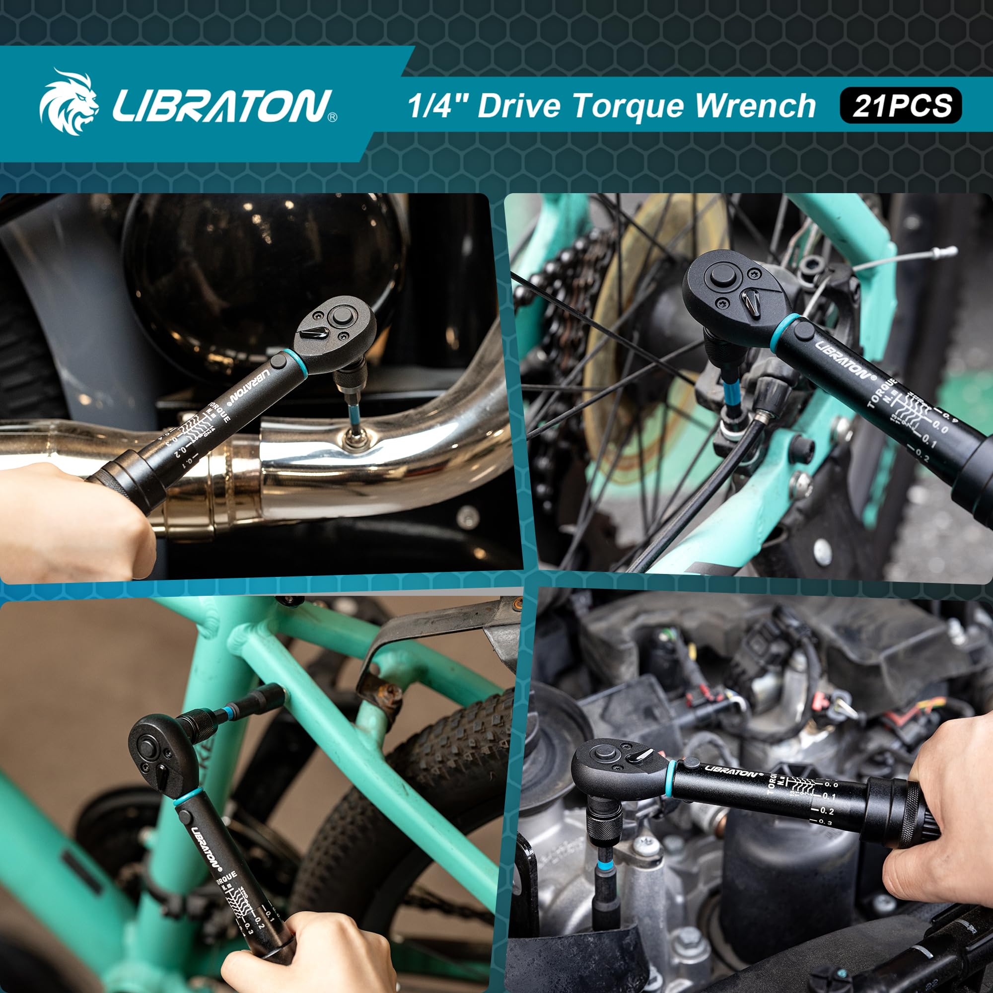 LIBRATON Chiave Dinamometrica da 1/4", 2-14Nm, Chiave Dinamometrica Bici 72 Denti, Microregolazione a 0,1Nm, Punte Esagonali e Torx, Chiave a Bussola, Convertitore da Impatto a HEX 1/4, Attrezzi Bici