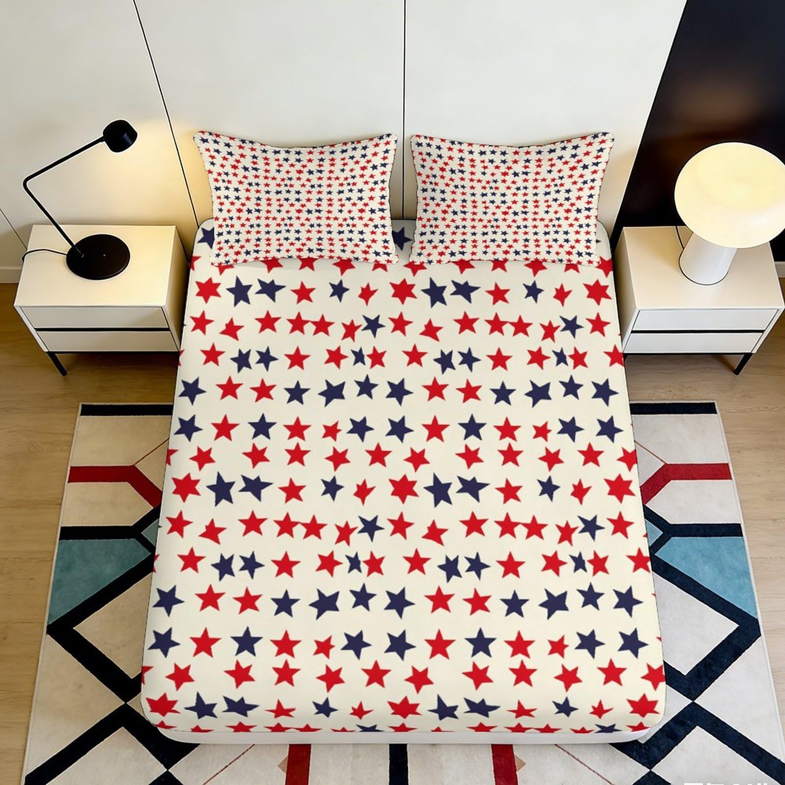 3D Printed Red Blue Stars Fitted Sheet Microfiber Soft Anti-Slip Bed Cover Bedroom Guestroom Decor 90x200x25cm