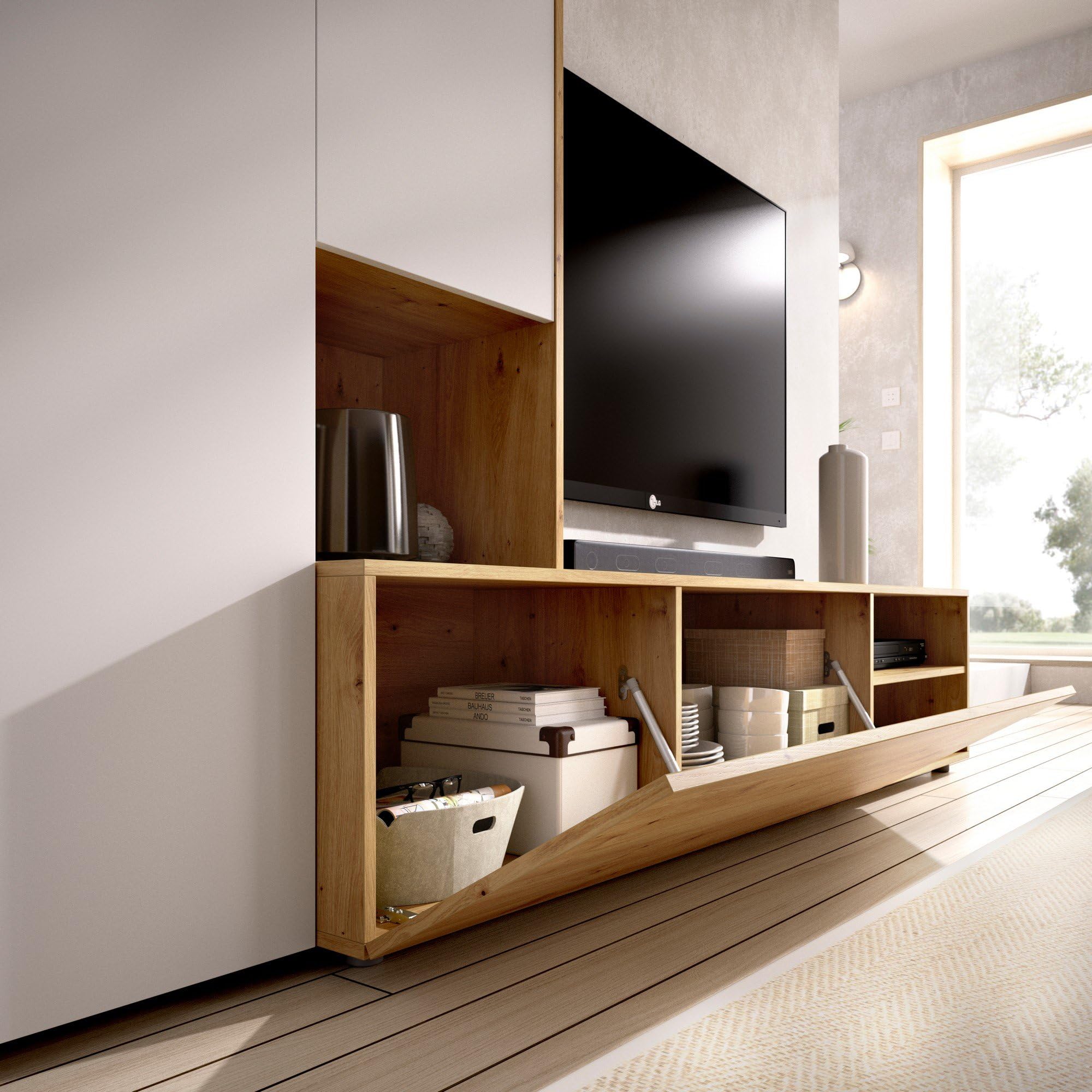 Parete Attrezzata Foraker Dmora - Mobile TV Soggiorno 220x180 Cm, Rovere E Bianco - Foto 5
