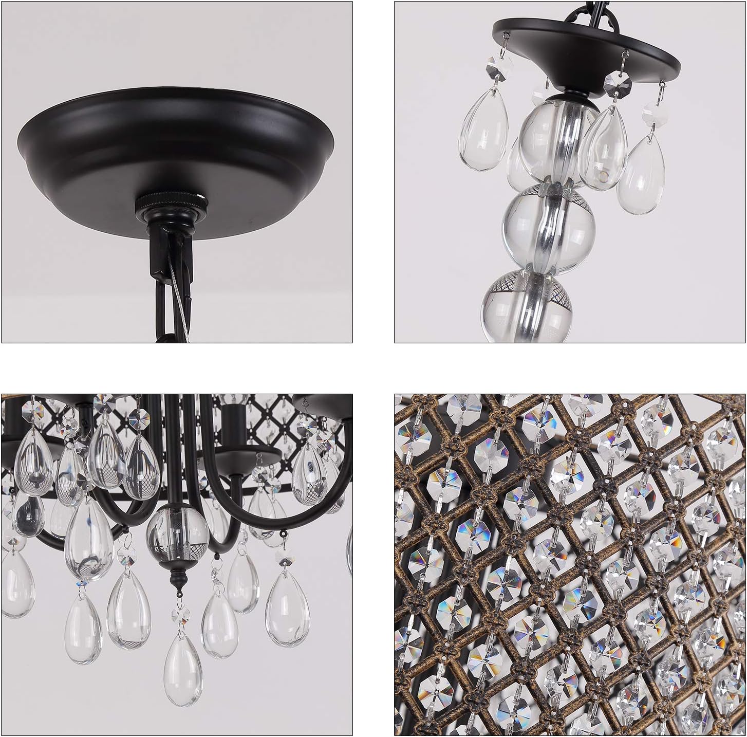 Buy 1 get 1 Q&S Modern Round Crystal Chandelier Light Fixtures,Black+Antique Copper Beaded Drum Shade Pendant Hanging Lighting Perfect for Living Room Dining Room Bedroom Kitchen Foyer Entryway,E12 4-Lights.