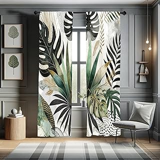 Ambesonne Green Window Curtains, Exotics Scenario of Tropical Monstera Leaves and Modern Memphis Detail Dots, Lightweight Decorative 2-Panel Set & Rod Pocket, Pair of - 28
