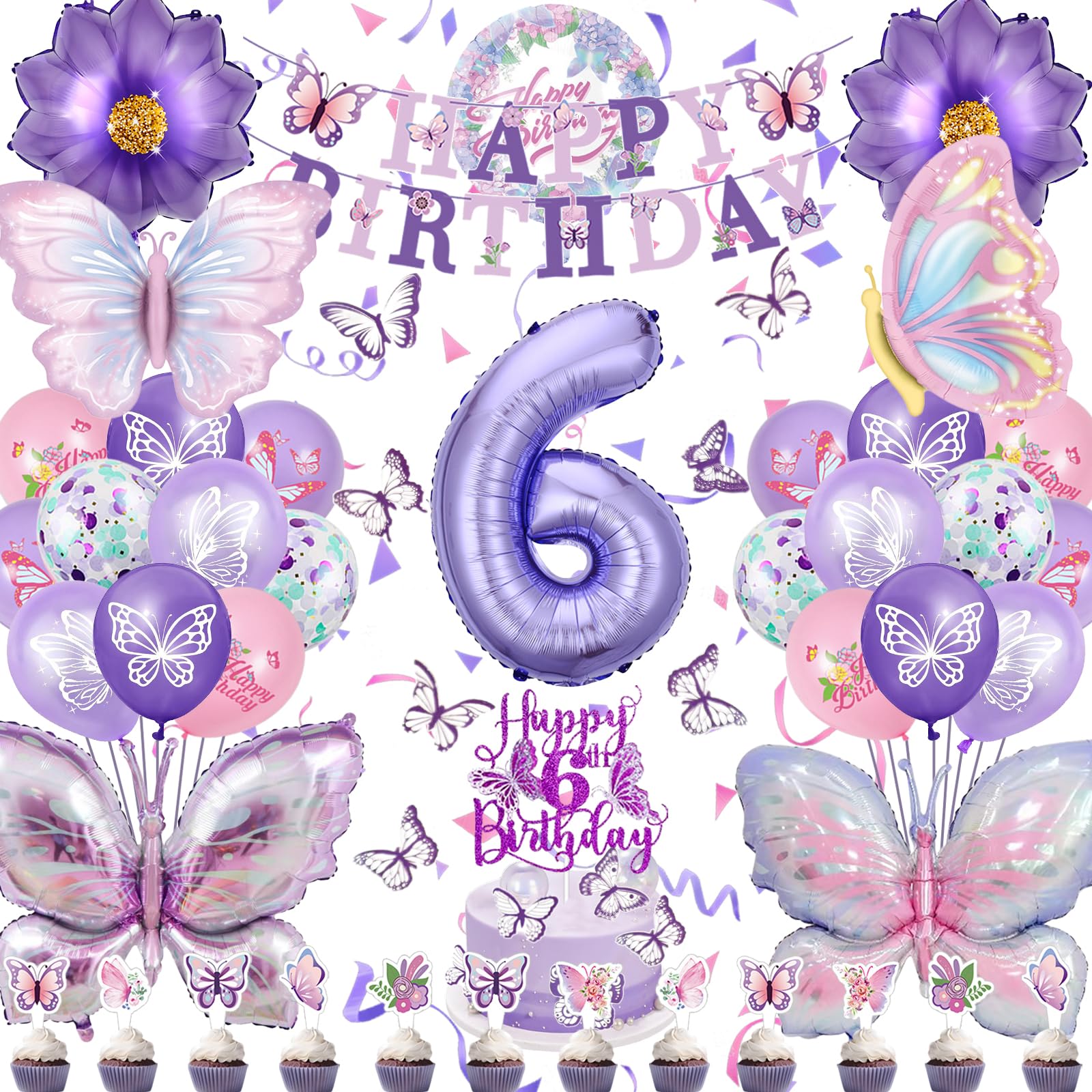 Schmetterling Deko Geburtstag 6 Jahr Mädchen, 4 XXL Folienballon Lila Schmetterling Tortendeko Banner Wanddekoration, Geburtstagsdeko Mädchen Luftballon Party Mitgebsel (Kindergeburtstag Deko 6 Jahr)