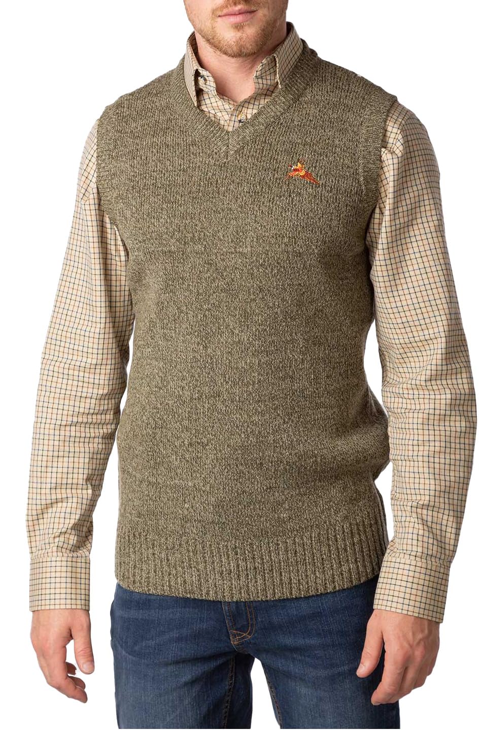 Rydale V Neck Slipover Vest Country Pheasant Motif Shooting Jumper Olive (UK, Alpha, M, Regular, Regular, Derby Tweed)