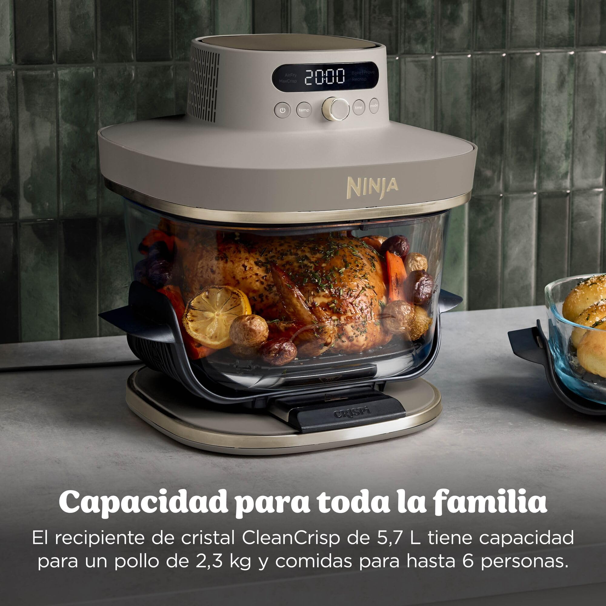 Ninja CRISPi PRO XL Freidora de aire, 5 funciones de cocción predefinidas, recipientes de cocción de cristal CleanCrisp de 5,7 y 2,3 l y tapas para almacenamiento, Dorado piedra AS090EUSD