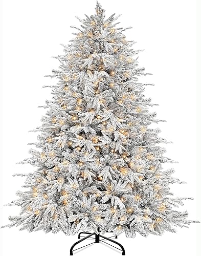 Tacto muy grueso y realista Árbol de Navidad artificial lleno de nieve preiluminado de 6 pies, 965 puntas de ramas de polietileno y PVC, 340 luces