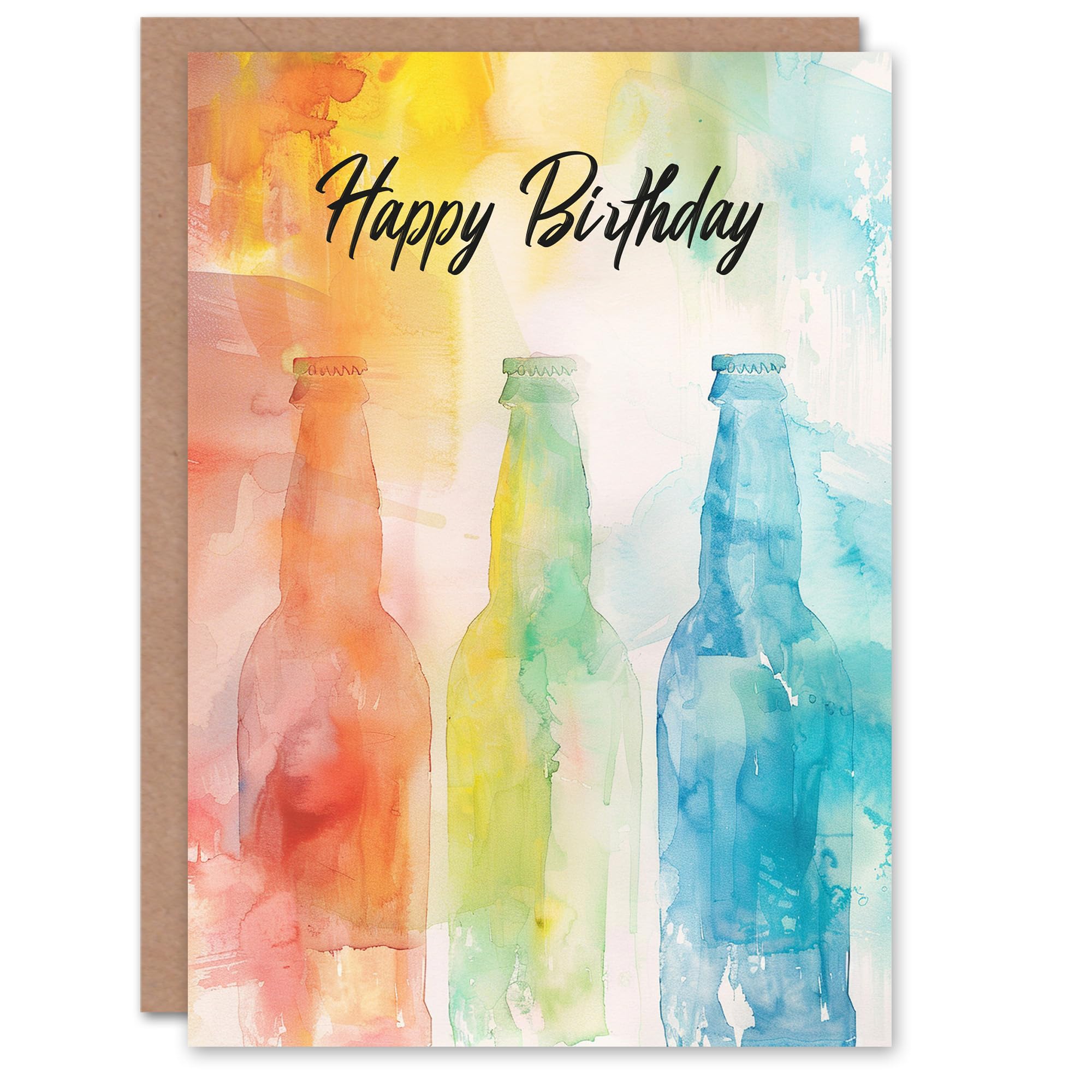 Artery8 Beer Bottles Soft Watercolour Rainbow Colour Blank For Him Or Her Art Birthday Card