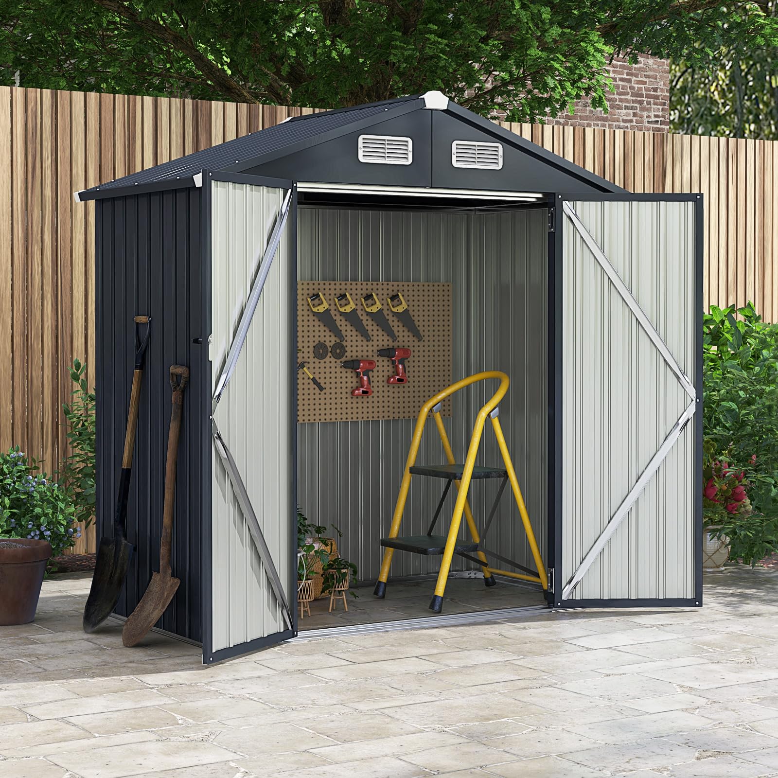 COSTWAY Gartenhaus Aus Metall – Geräteschuppen 235x174x197 Cm Mit Pultdach & Dreifachtüren