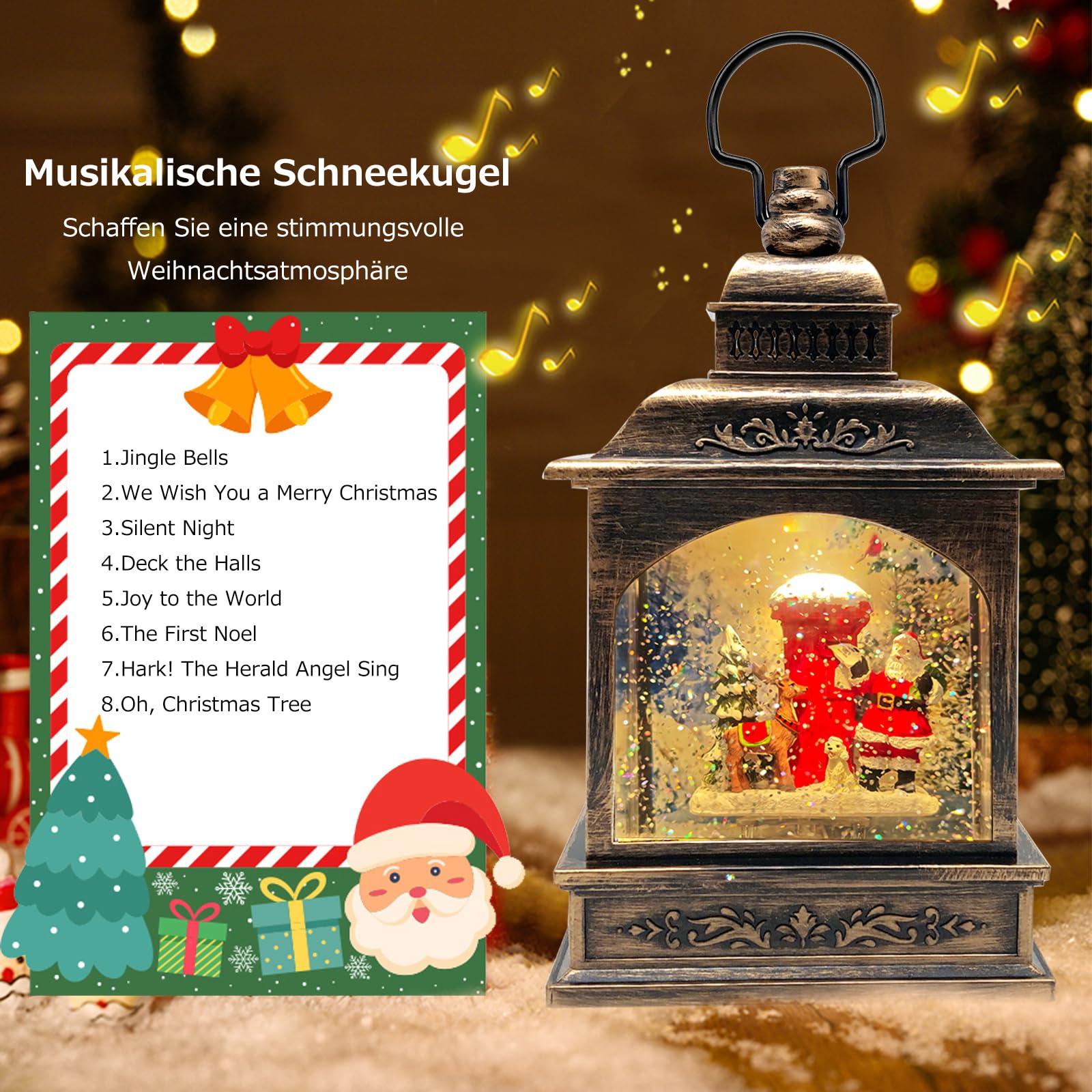 Weihnachts Schneekugel Laterne mit Zeitschaltuhr, Beleuchtete USB/batteriebetriebene Wirbelnde Singende Wasserlaterne mit Projektion, Schneekugel Laterne für Erwachsene Kinder, Weihnachtsdekoration