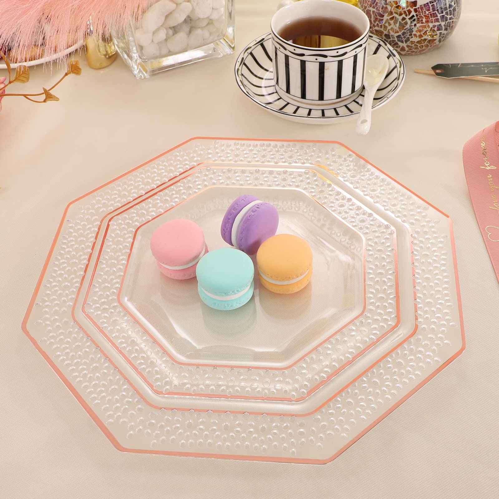 DaYammi 30Guest Rose Gold Plates & Rose Gold Plastic Silverware, 210PCS Rose Gold Disposable Dinnerware Set Include 30 Dinner Plates 30 Dessert Plate 30 Per Rolled Cutlery 30 Tumbler for Party Wedding