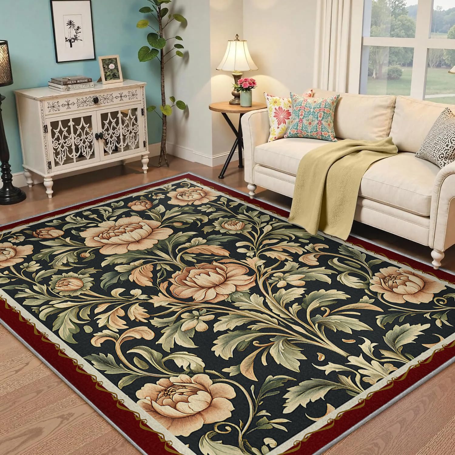 Tapis fin à fleurs Peony Blooms 150x210cm : la solution textile lavable pour maison vivante