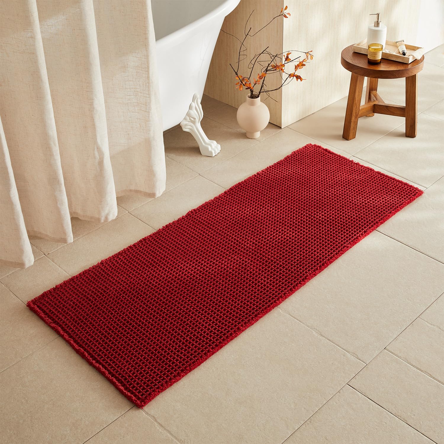 TYUU Waffle Runner Rug Bathroom, Long Boho Bath Mat, 60x24 Burgundy