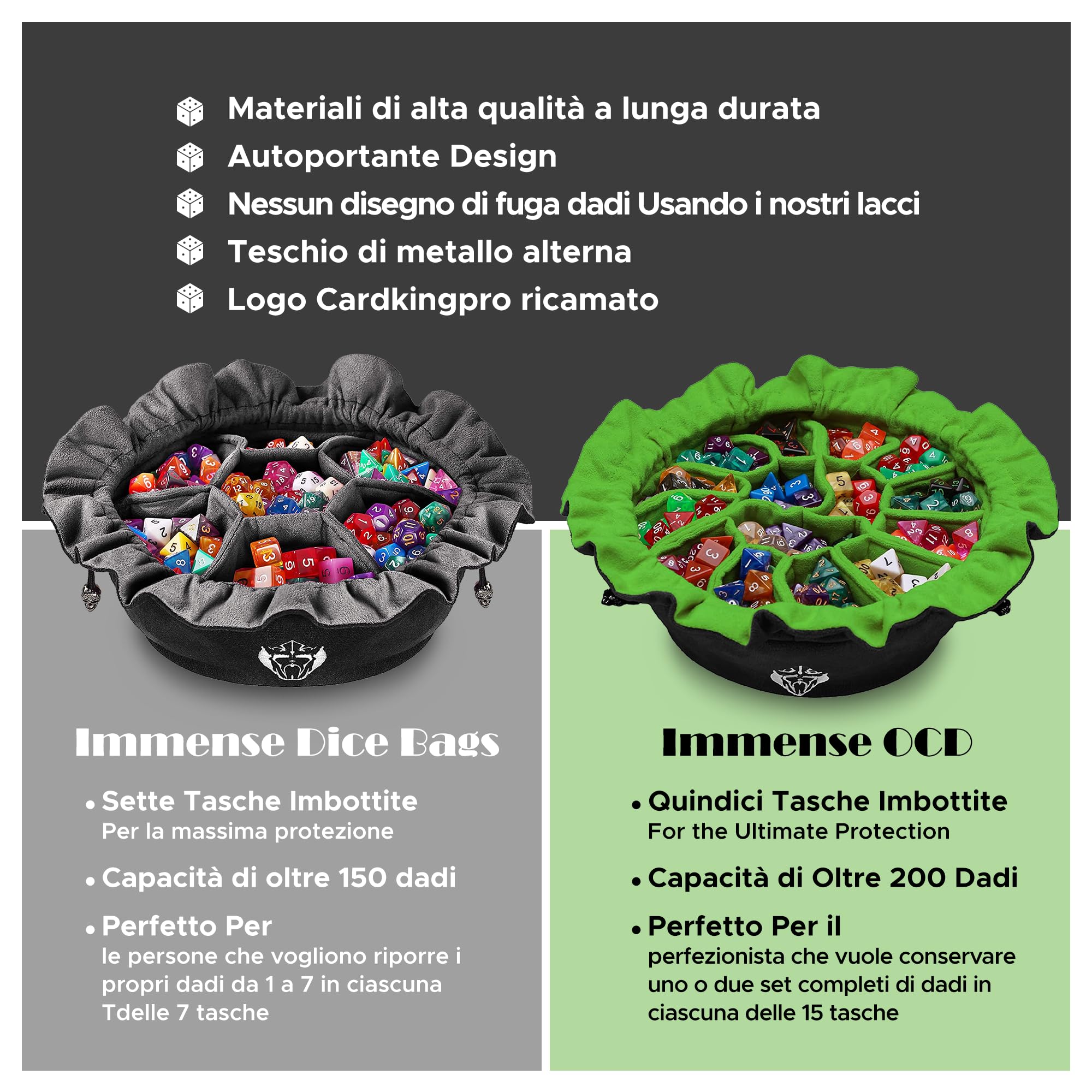 CardKingPro Immense Dice Bag con Tasche - Azzurro - capacità 150+ Dadi - Ottimo Organizzatore per Collezionisti di Dadi, Perfetto per Dungeons & Dragons [Design Brevettato]
