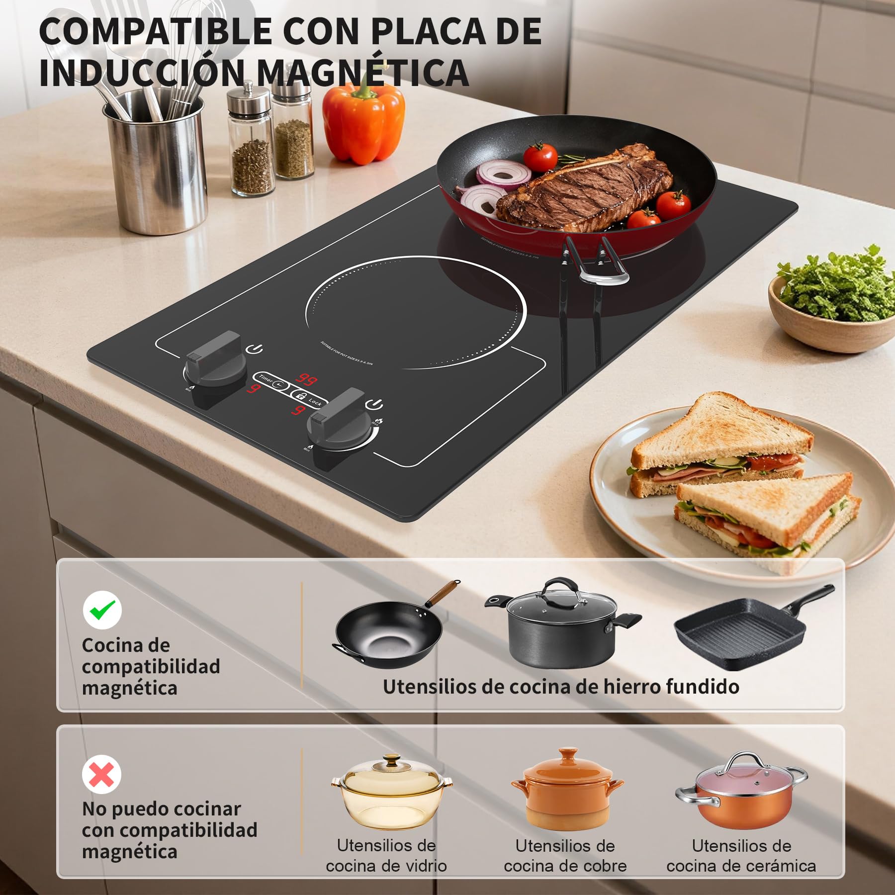 VBGK induccion 2 fuegos,220V 3000W placa induccion 2 fuegos con pantalla táctil LED, 10 niveles de potencia, bloqueo infantil y temporizador, protección contra sobrecalentamiento