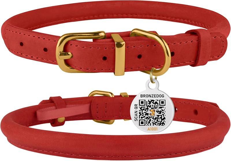 BRONZEDOG Bőr Nyakörv QR Azonosítóval, Állítható Puha Kerek Nyakörv Kutyáknak Macskáknak 40-48cm Piros