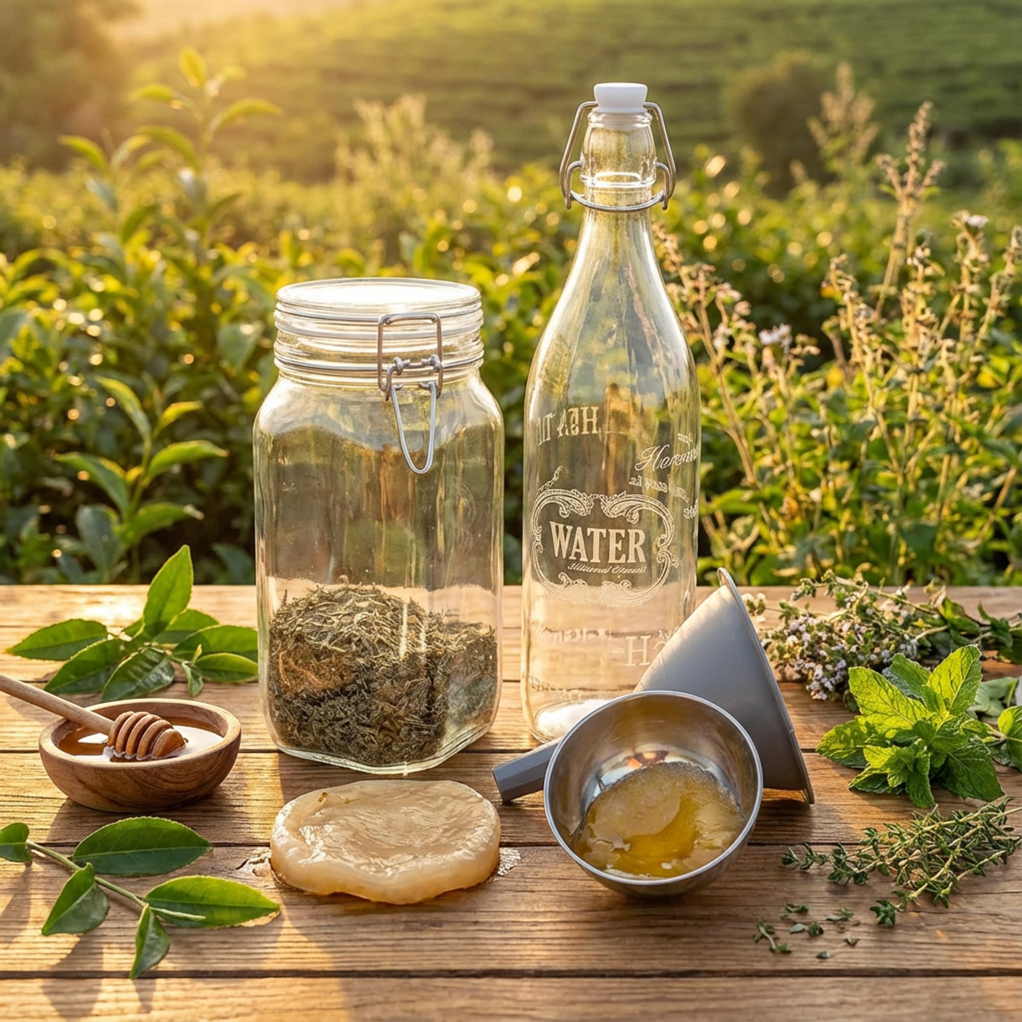 Kefir-for-all Jun Kombucha Starterset 7-teilig (5 Liter) – Teepilz/Scoby Kultur inkl. Gärgefäß, 1L Glasflasche & Trichter – 40 g Sencha Grüntee + 500 g Honig – Deutsche Anleitung