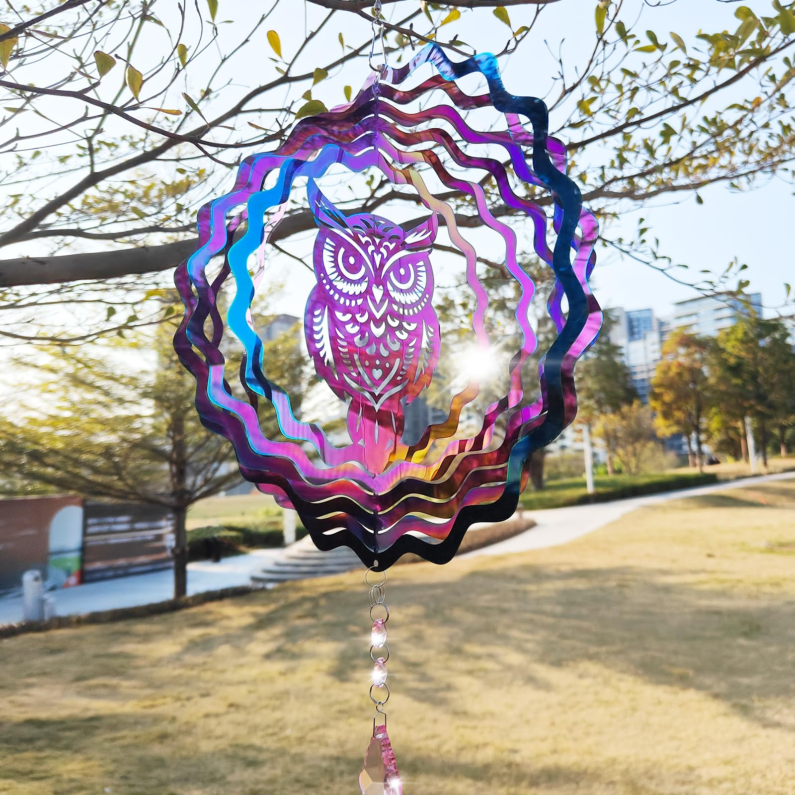 Wind Spinners Outdoor, Big Owl Wind Spinners Garden Decor, Colorful 3D Stainless Steel Metal Sculptures Decorations, Bird Deterrents for Outside, for Indoor Outdoor Gifts