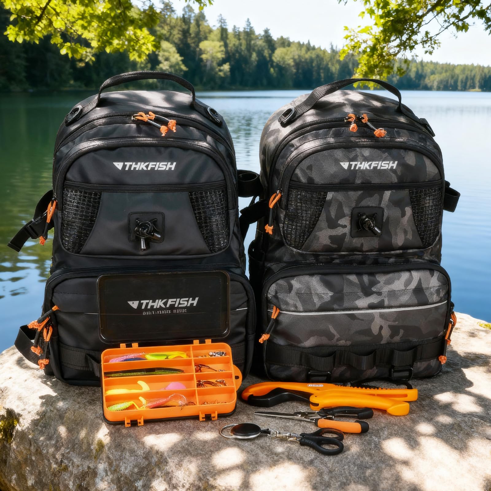 THKFISH Set di esche da pesca con scatola per esca, tessuto Oxford 600D, impermeabile, con scomparto regolabile, per attrezzi da pesca, campeggio, escursionismo, viaggi, mimetico
