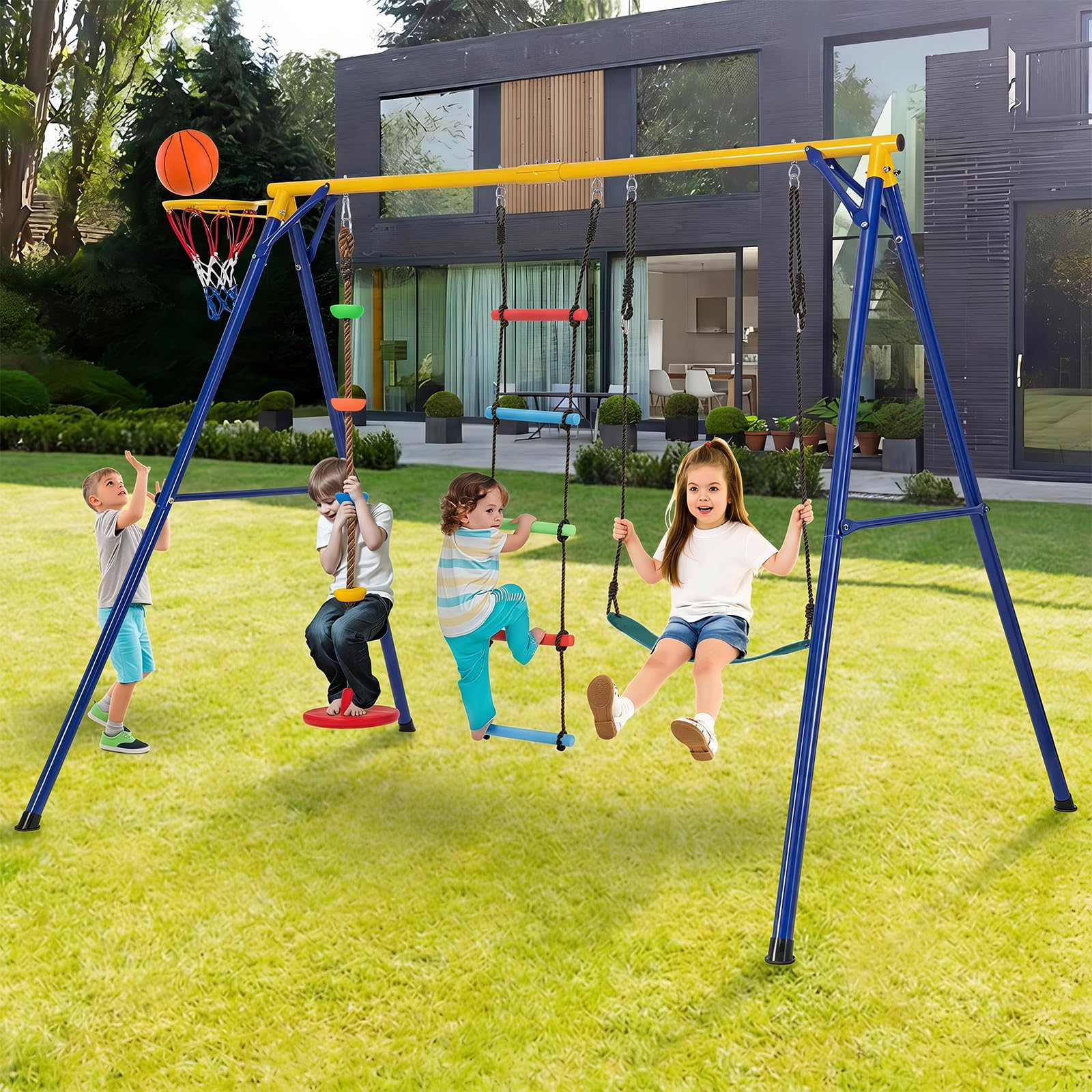 COSTWAY Set Altalena per Bambini, Set Altalena 4 in 1 (Verde) | con Canestro Basket, Altalena Regolabile, Scala e Disco con Corda, Giochi da Interno ed Esterno, Portata 300 kg