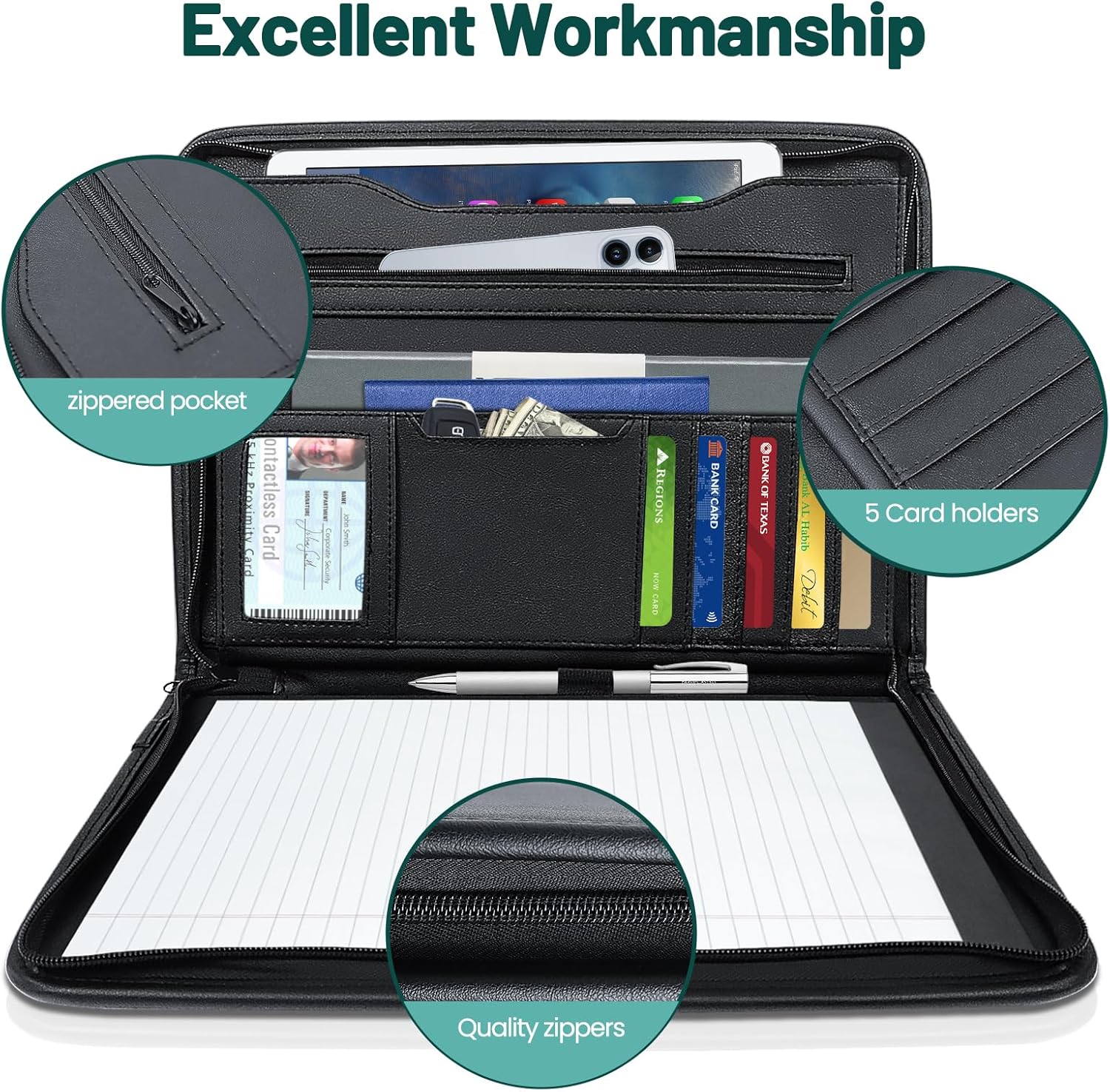 Portfolio Business for Men 10" x 13.5" Padfolio Folder with Zipper, Faux Leather Portfolio for Resume, Documents, Phone, Tablet, Business Supplies and Cards Notebook Organizer with 8.3" x 11.5"Notepad