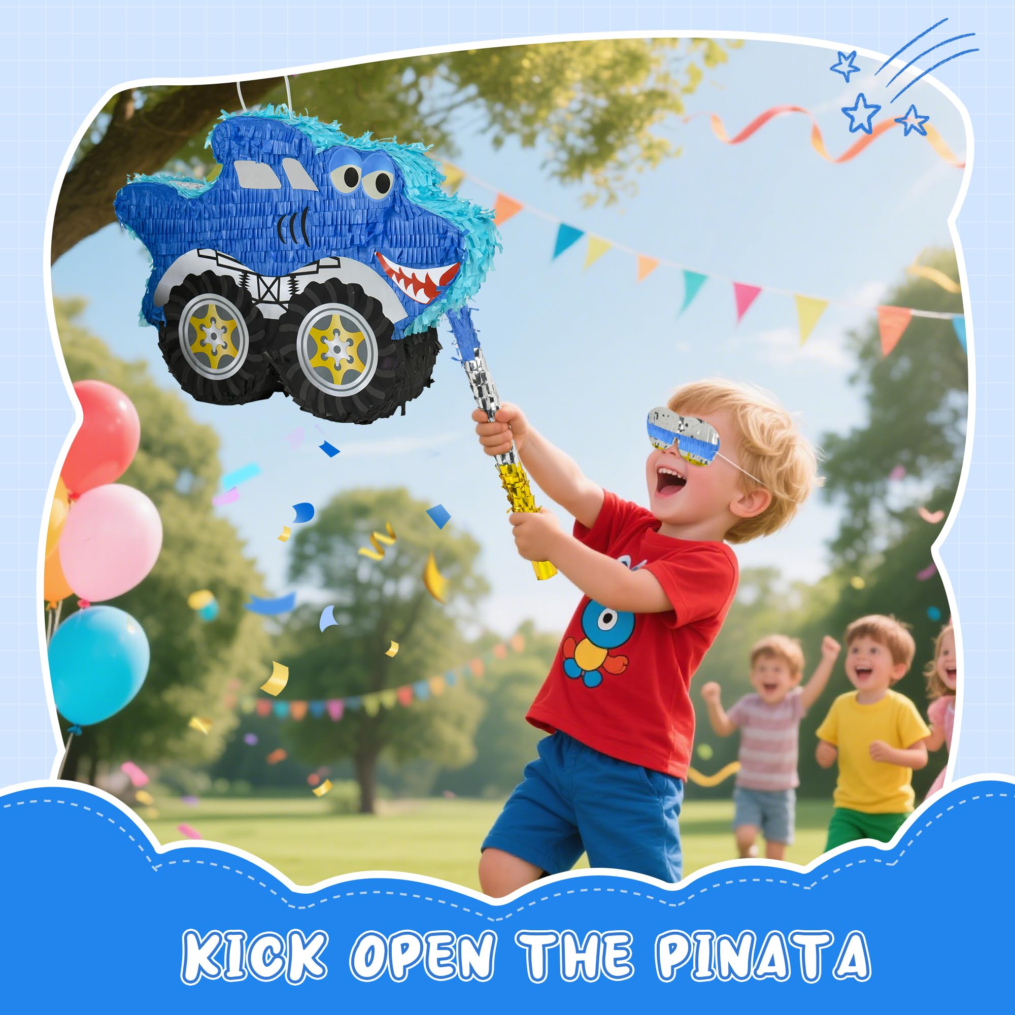 Paquete de piñata de camión monstruo de tiburón pequeño con venda, murciélago y confeti (16.5 x 12 x 3 pulgadas), perfecto para fiestas de cumpleaños, decoraciones de fiesta temática de monstruos
