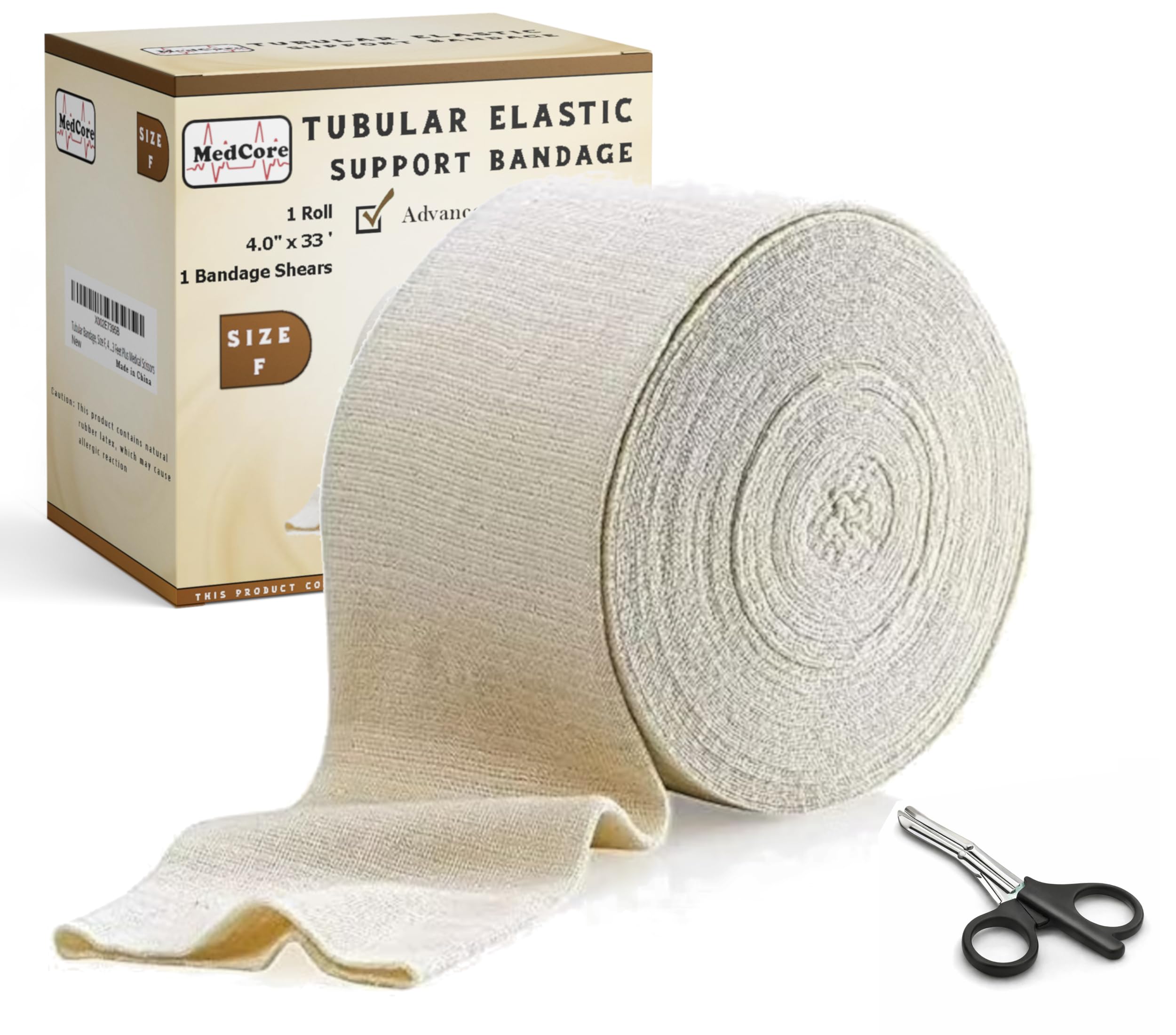 Tubular Compression Bandage Size F (4” x 33 ft) – Elastic Stockinette Support Sleeve for Large Knee, Thigh, Leg & Arm – Cut-to-Fit, Washable Reusable,