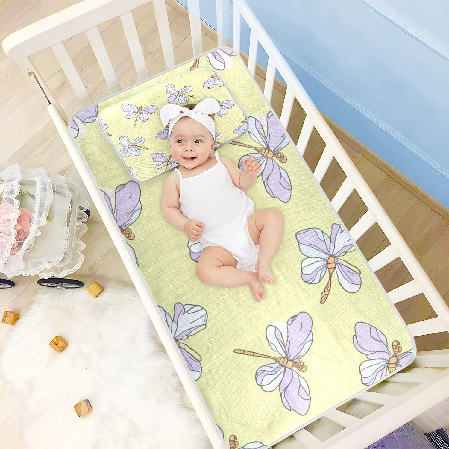 Cute Cartoon Purple Dragonflies Cooling Baby Mattress pad Protector 28" x 52" Washable Bed Pads Washable for Baby&Toddler