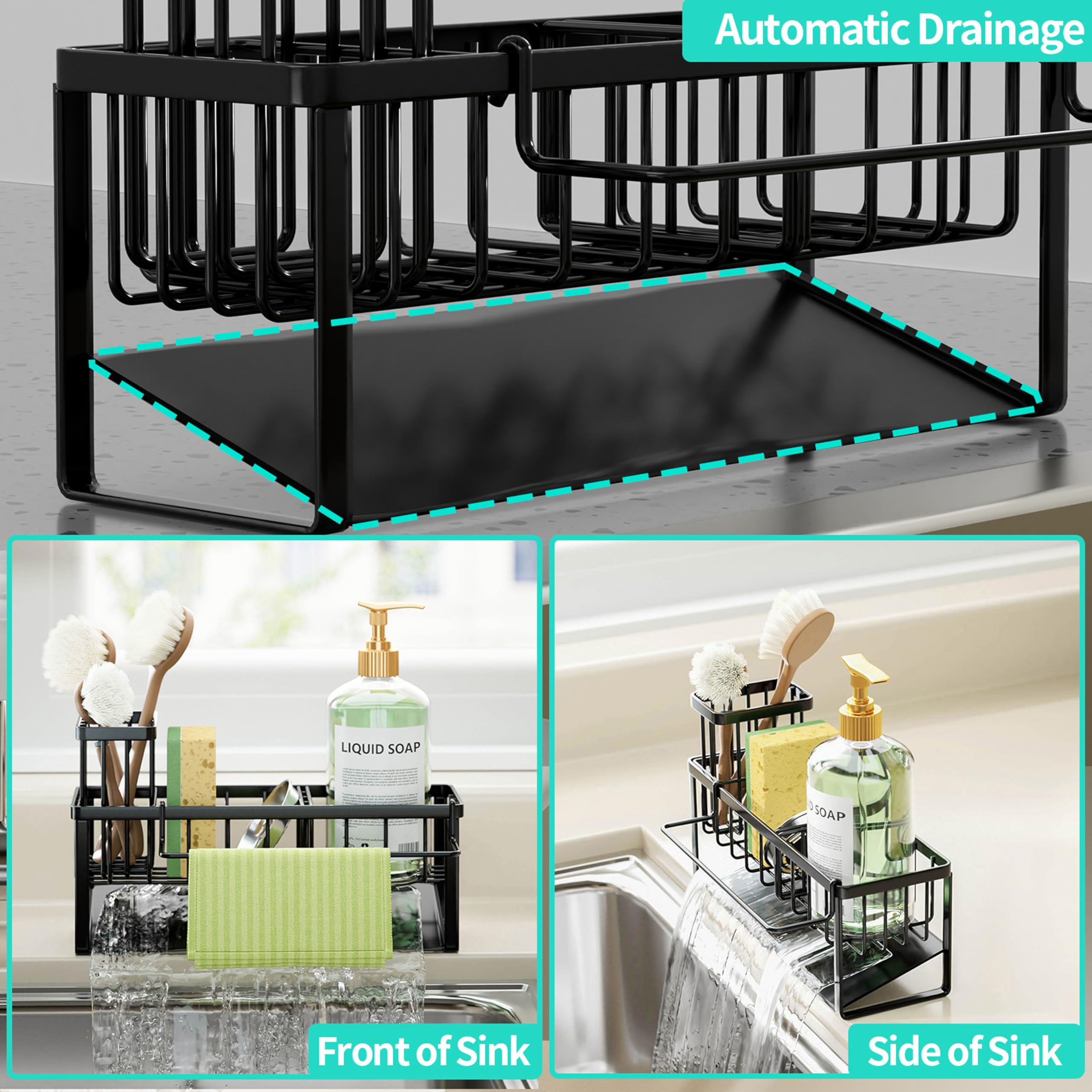 HapiRm Sponge Holder for Kitchen Sink - Self Draining Sink Caddy for Sponge, Black, with Dishcloth Holder - Image 2