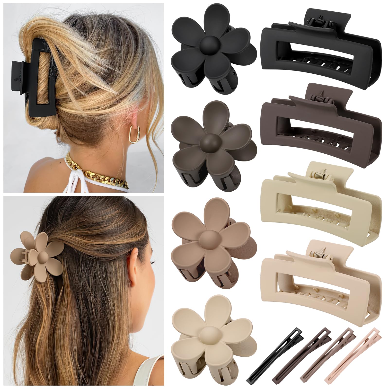 Huiguli 12 Piezas Pinzas Pelo Mate, 4 Pinzas Pelo Mujer Grande, 4 Matte Pinza Flor Pelo, 4 Pinza de Pelo Duckbill, Antideslizante Accesorios Pelo para Mujeres Niñas Largo Grueso Fino Pelo