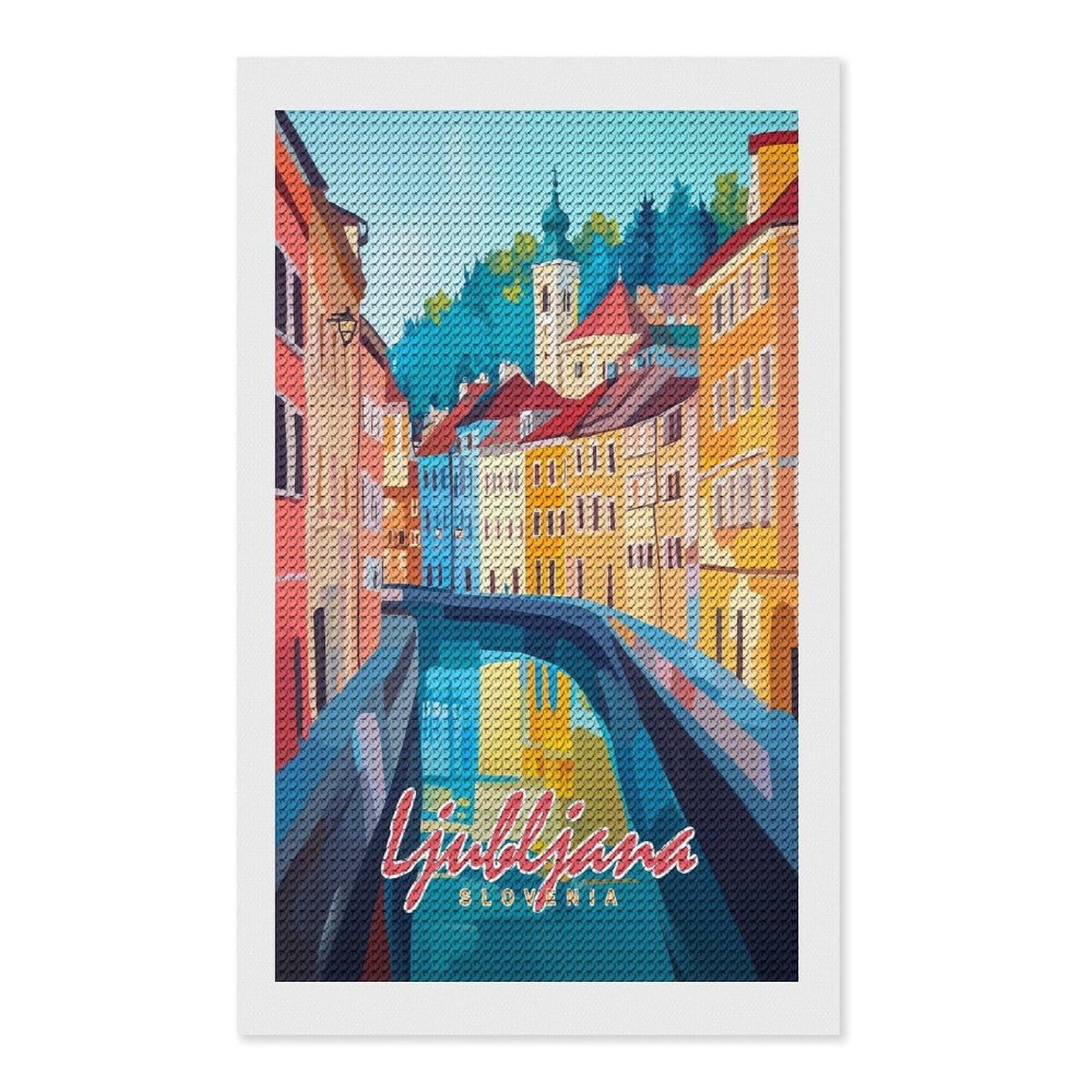 Junmoney Ljubljana, Slovenia Cityscape(2) Diamond Art Canvas 12"x20", Decorate Your Room, Mindful Craft Activity, Cosy Home Accent, Thoughtful Handmade Gift