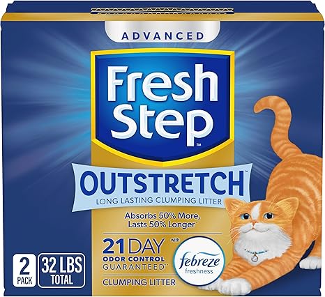 Fresh Step Outstretch Advanced Long Lasting Clumping Litter with Febreze Freshness, Activated Charcoal Litter Lasts 50% Longer, 32 lbs. (2 x 16 lb. Box)
