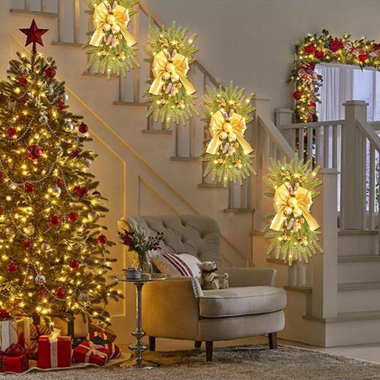 2024 New Cordless Lighted Christmas Stair Swag 17.7inch Artificial Stairway Decorations with Lights, Decorated with Gold Glitter Bow, Berries Bunches and Christmas Ball Ornaments Pendant (Gold)