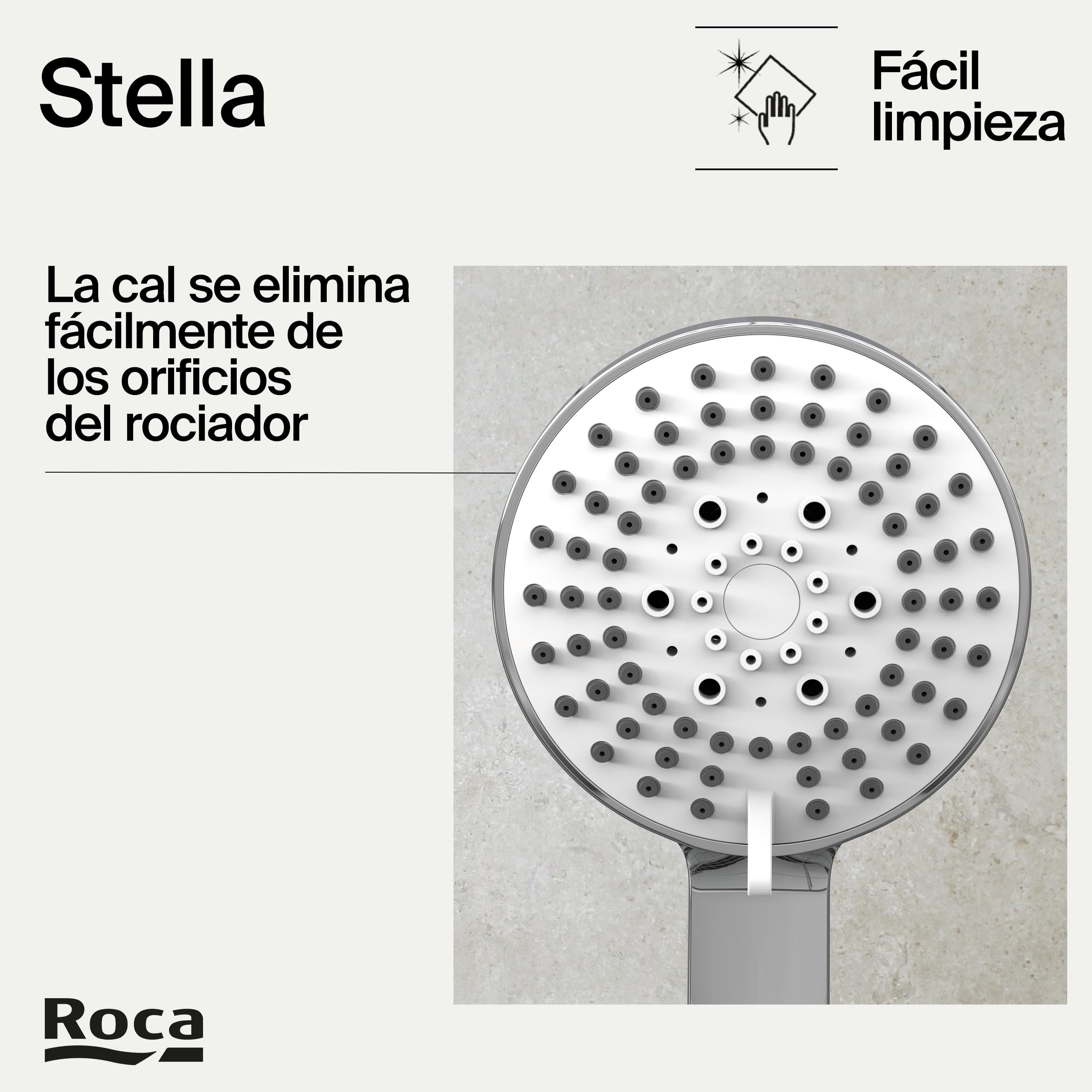 Roca,Stella,Set de ducha. Incluye ducha de mano de 100 mm de 3 funciones, soporte de ducha articulado y flexible de PVC satinado de 1,70 m,A5B1C03C00