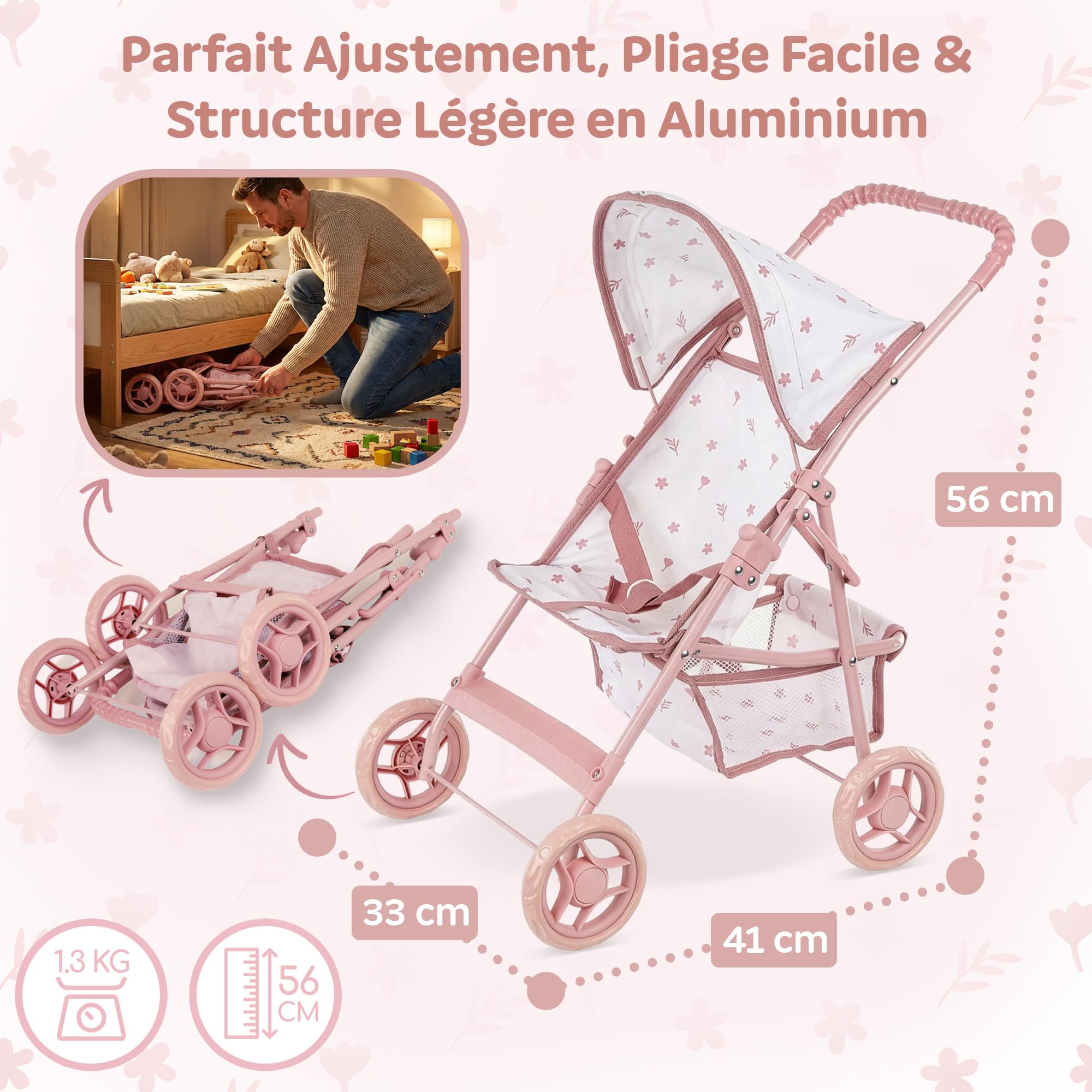 Kinderplay Poussette de poupée à partir de 3 Ans - Poussette légère et Pliable pour Fille avec Roues en EVA, Ceinture et visière - Poussette Jouet Rose