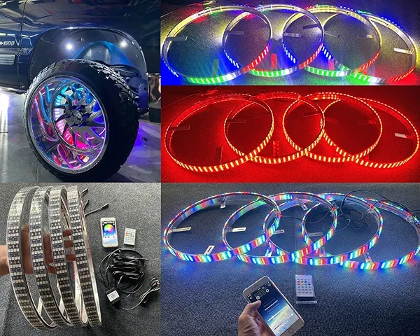 FIJVKNXY 4PCS 17.5" Quad Row Wheel Lights for Truck - Bright Addressable LEDs, Dream Color Chasing Flow, APP+Remote Control, for Off-Road Truck, SUV, Pickup,
