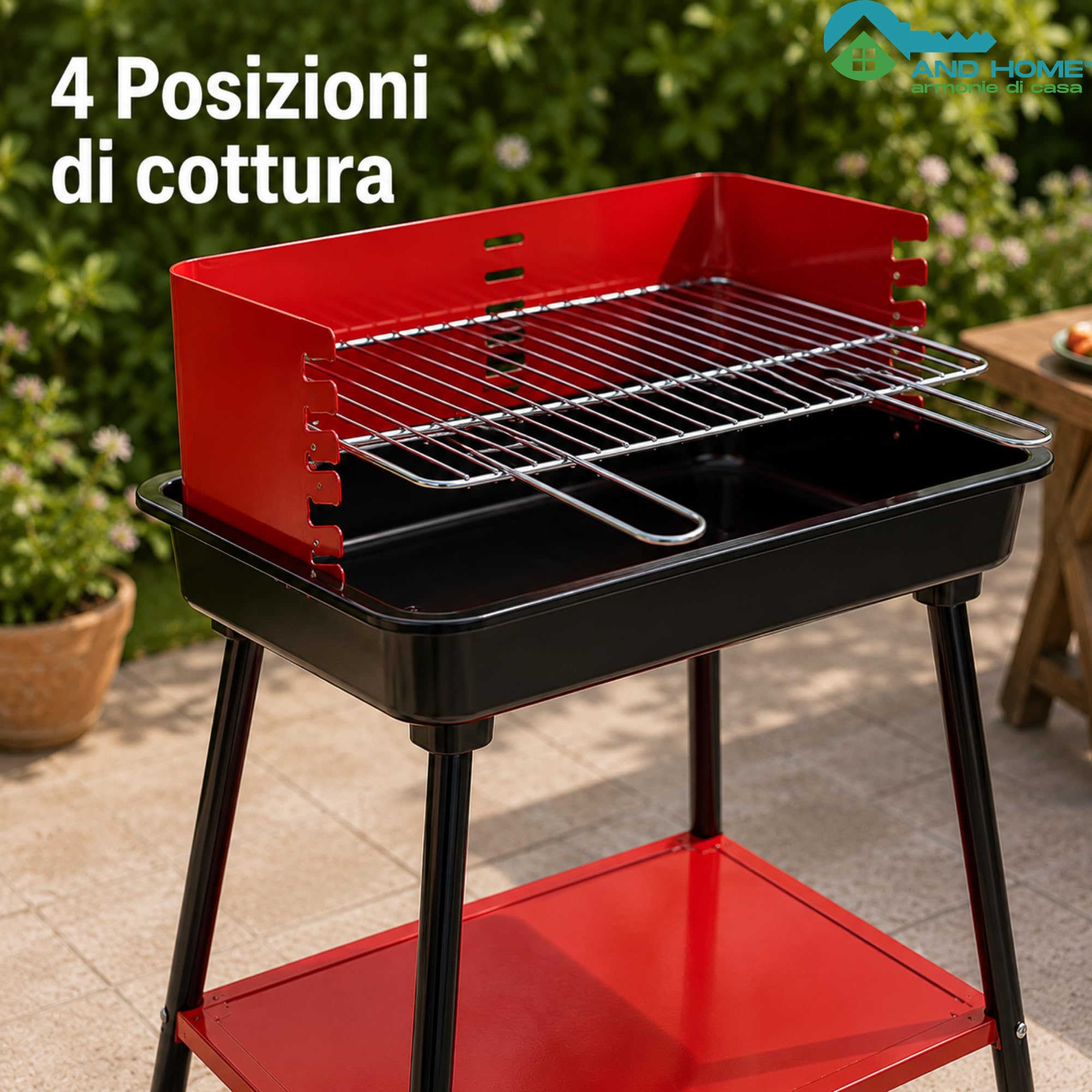 Barbecue Carbonella Rettangolare Stabile 4 Posizioni Cottura Griglia Cromata Rimovibile 53x34,5 cm Acciaio Carbonio