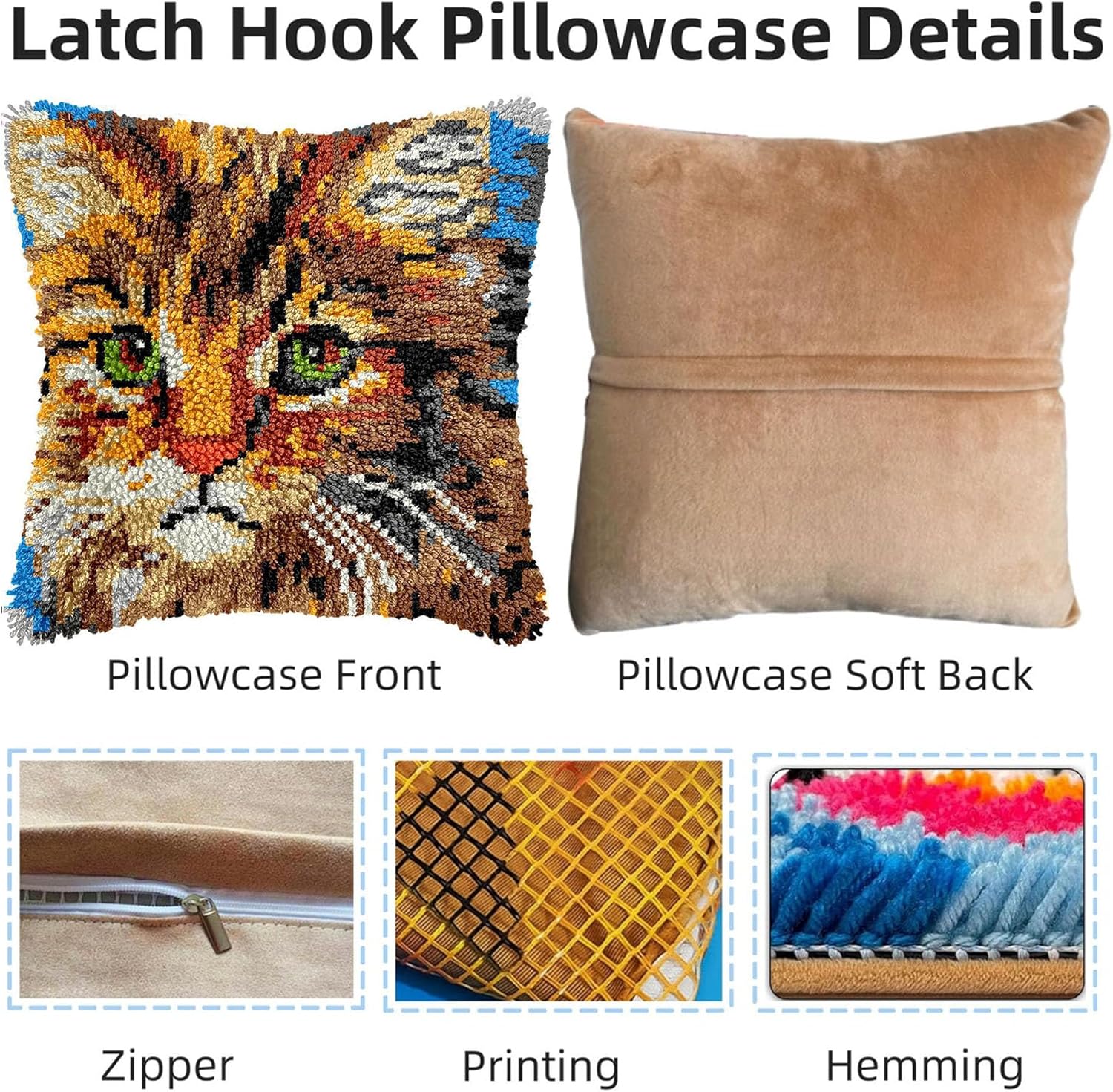 Nenkarn Cat Latch Hook Kit for Adults, DIY Pillow Cover Craft Set, Beginner Friendly Home Decoration 17x17 Inch