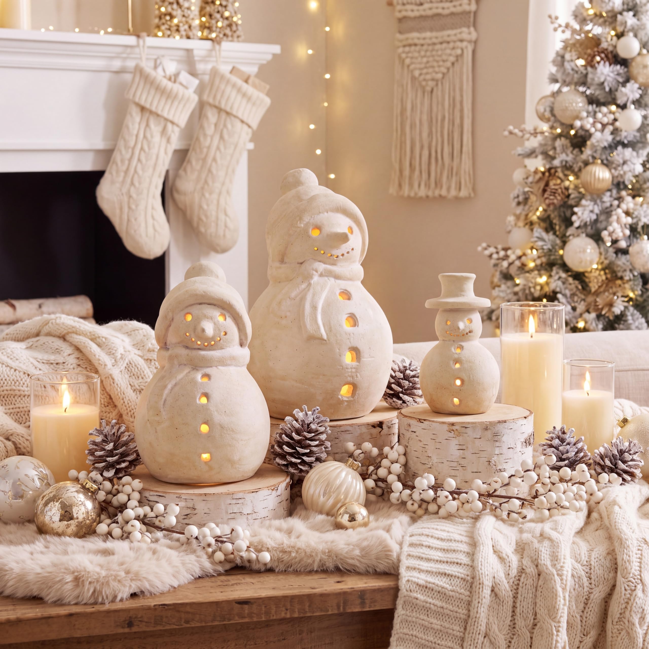 Yungyan 4 figuras de muñeco de nieve de terracota de 7.87 pulgadas con luz LED, decoración de mesa, estatua de mesa para Navidad, invierno, festivo, gabinete, chimenea, estante, ventana, regalo