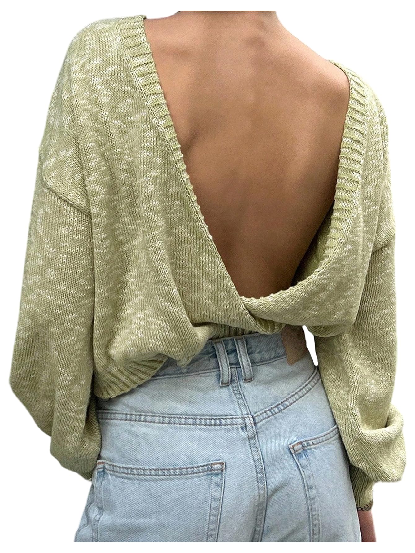 MakeMeChic Womens Open Back Twisted Sweater Long Sleeve Crew Neck Fall Y2K Knitted Pullover Top