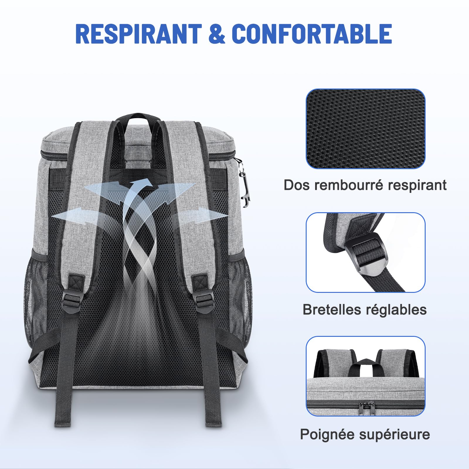 Sac à Dos Isotherme Étanche et Souple Grande Capacité de 33 L Sac à Dos de Pique-Nique avec Multiples Poches et Un Décapsuleur Sac à Dos Glacière Portable pour Famille Repas Camping Plage Travail