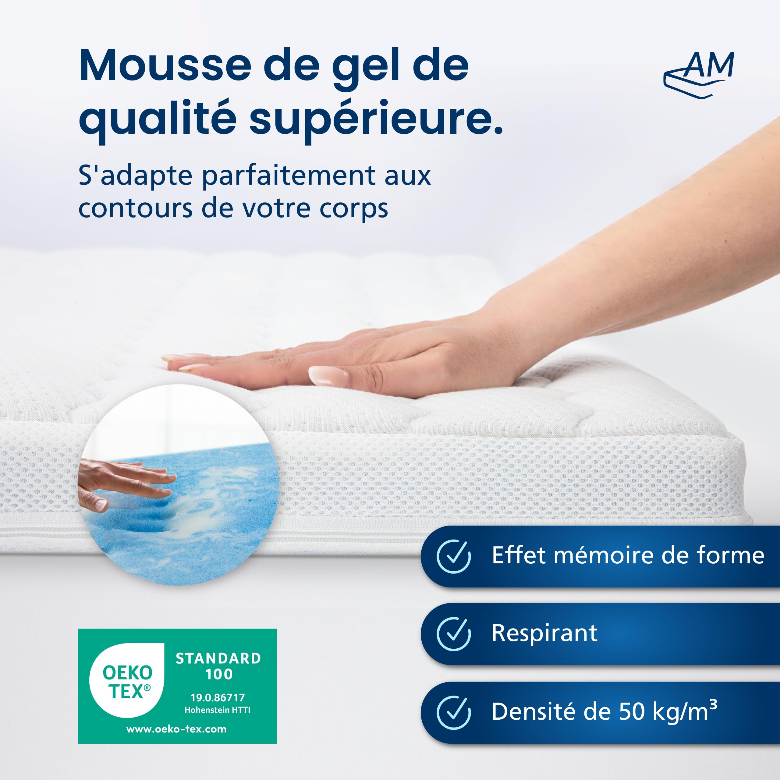 AM Qualitätsmatratzen - Surmatelas memoire de forme 180x220 6cm - Mousse de gel adaptable et respirante pour un sommeil reparateur - Housse de surmatelas moelleux - Surmatelas 180 x 220 haute de gamme