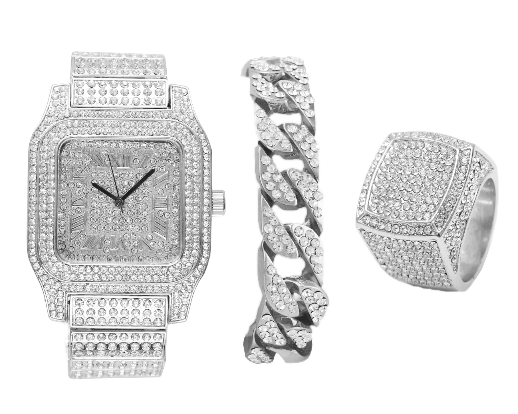 Charles Raymond Diamonds Shining Everywhere with This 3Pc Iced Jewelry Mens Hip Hop Set Oversize Square Case Roman Numberal Dial Cuban Bracelet and Ring Fit for a King - 0513Silver 3Pcs - 8 (B07DGKT1N7) Amazon Price History, Amazon Price Tracker