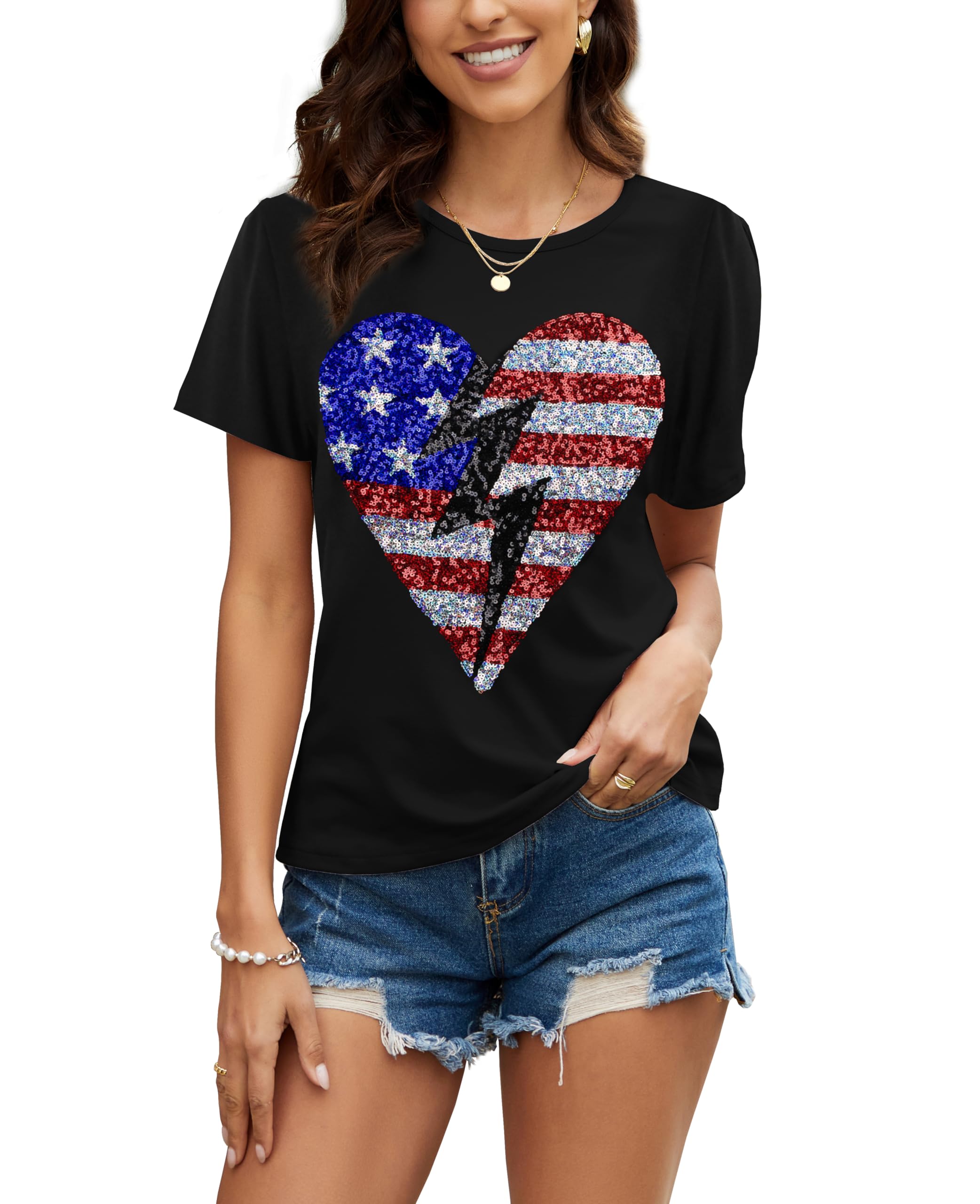 PESION Womens Short Sleeve T-Shirt Sequined Tops O-Neck Funny Graphic Tees Blouse