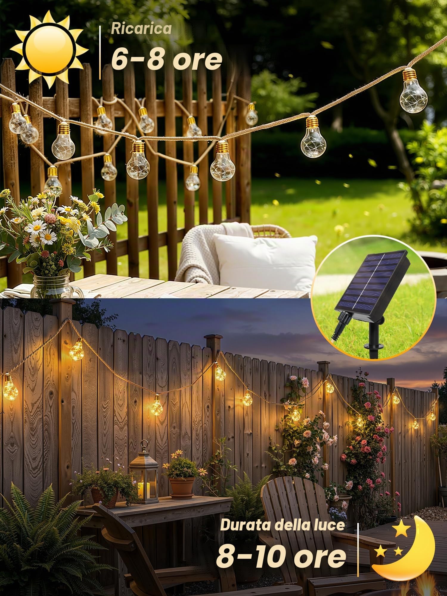 Ollny - Ghirlanda luminosa solare per esterni, 24 lampadine 12M, ghirlanda resistente alle intemperie, 8 modalità, timer, dimmerabile, USB, per giardino, balcone, terrazza, matrimonio, festa vintage