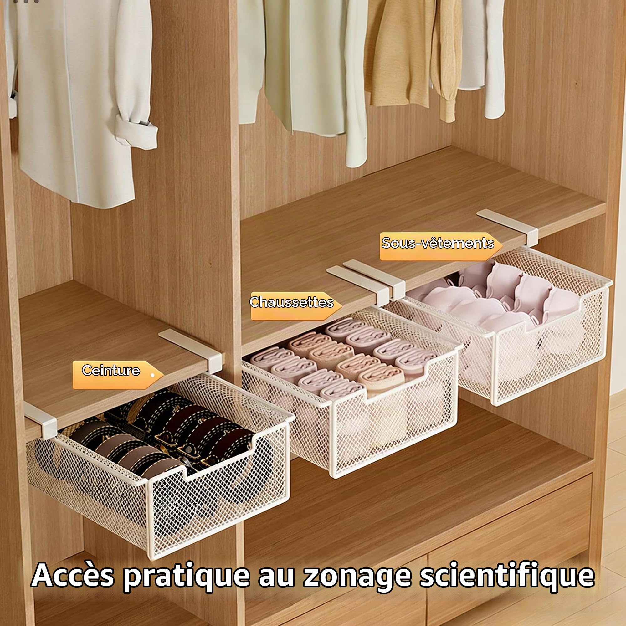 Lot de 2 paniers de rangement coulissants sous étagère, tiroir suspendu, panier de rangement en métal, organisateur à tiroirs, paniers robustes et peu encombrants pour cuisine, bureau