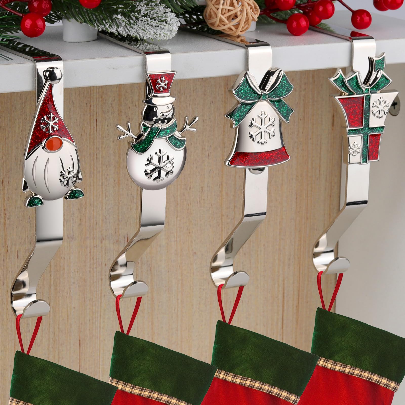 EBANKU Stocking Holder for Mantle Stocking Holder for Mantle Christmas Stocking Holder, Pack of 4 Christmas Stocking Hangers for Fireplace, Non-Slip, Sturdy Mantle Stocking Hooks for Christmas